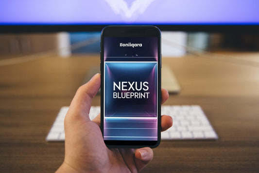 Hand holding a smartphone with 'Nexus Blueprint' guide displayed, blurred office background