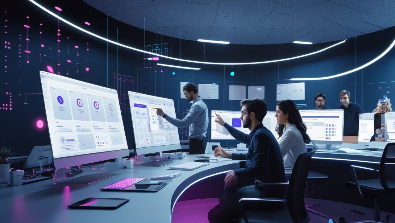 Group of people working in a futuristic control room with multiple computer monitors.