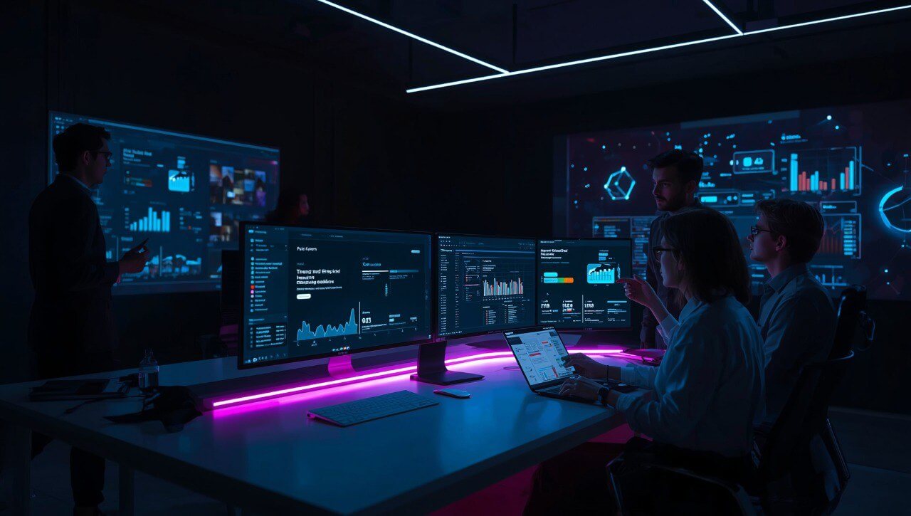 People working in a dark room with multiple computer monitors displaying data.