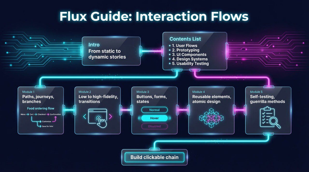 Flux Guide Interaction Flows diagram with various modules on a dark background