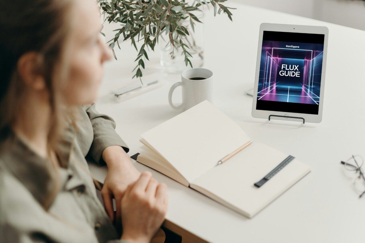 Person sitting at a desk with a tablet displaying 'Flux Guide' and a notebook.