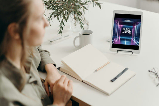Person sitting at a desk with a tablet displaying 'Flux Guide' and a notebook.