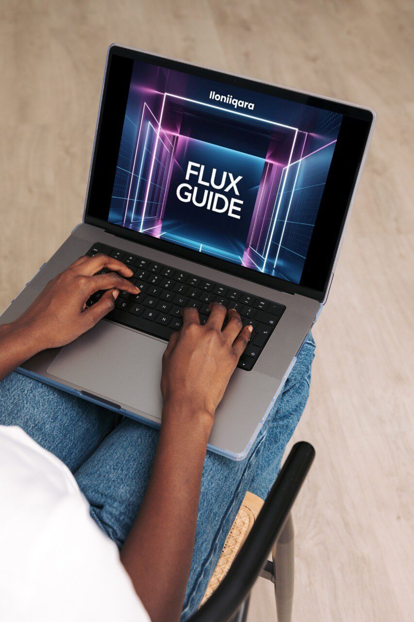 Person using a laptop with 'Flux Guide' displayed on the screen