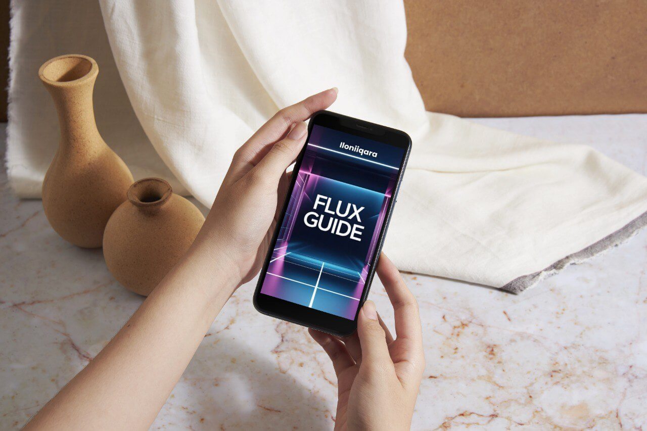 Person holding a smartphone with 'Flux Guide' guide displayed, on a marble surface with decorative vases.