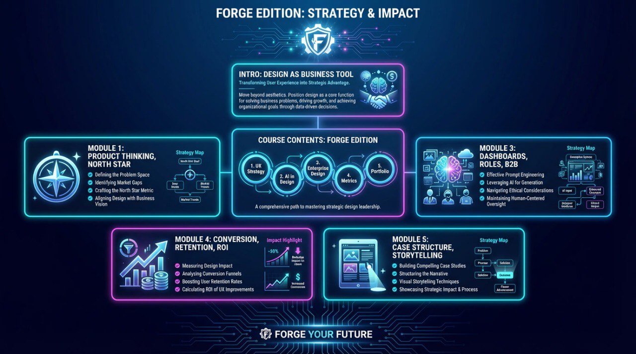 Diagram of a digital training program titled 'Forge Edition: Strategy & Impact' with various modules on a dark background.