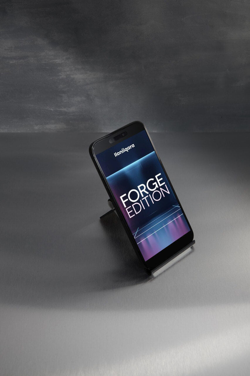 Smartphone on a stand with 'Iloniiqara' branding and 'Forge Edition' text on a dark background