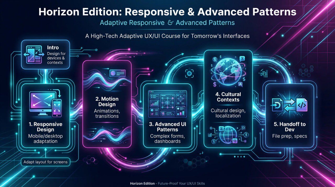 High-tech adaptive UX/UI course curriculum with futuristic design elements on a dark background.
