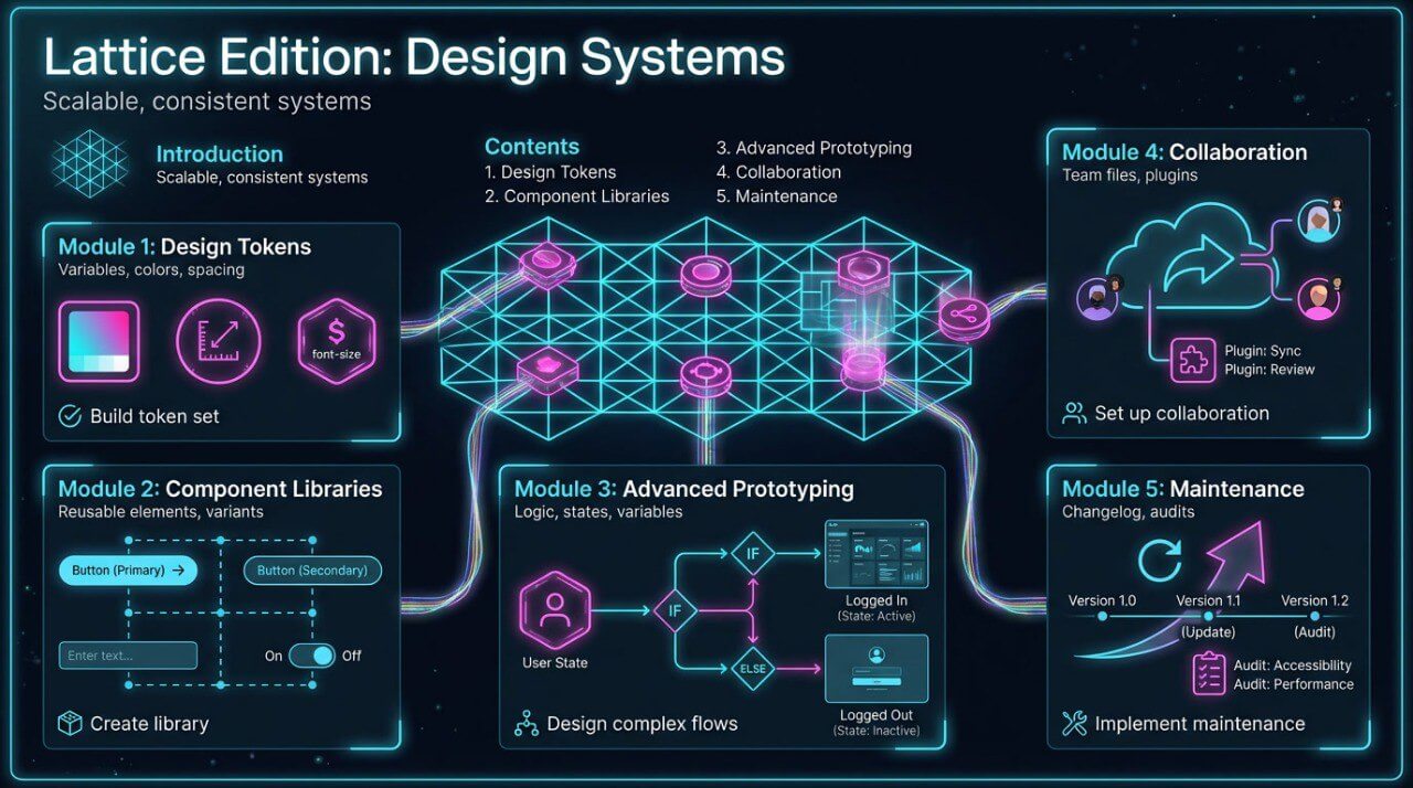 Diagram of a design system with modules on a dark background