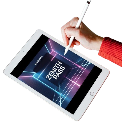 Tablet mockup displaying 'Zenith Pass' on a white background