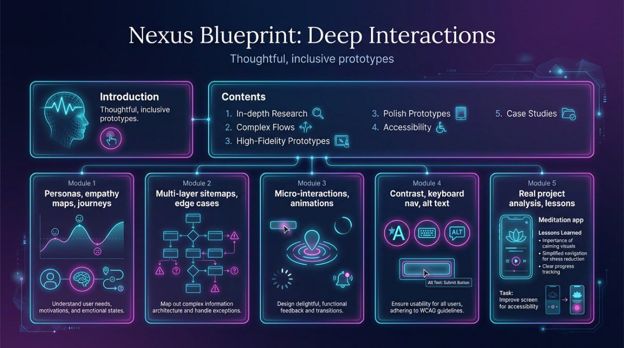 Nexus Blueprint: Deep Interactions diagram with modules and topics on a dark background