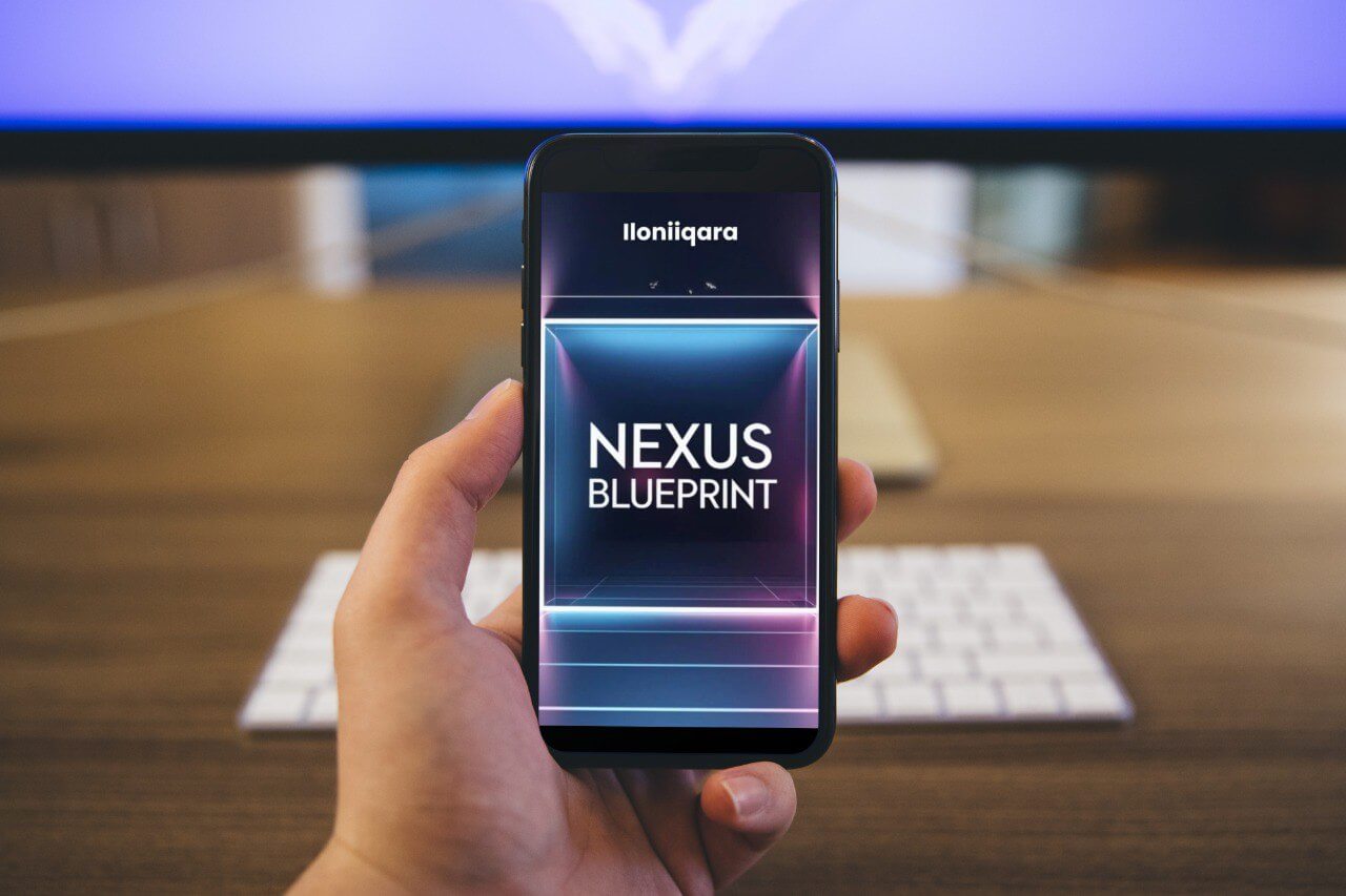 Hand holding a smartphone with 'Nexus Blueprint' guide displayed, blurred office background