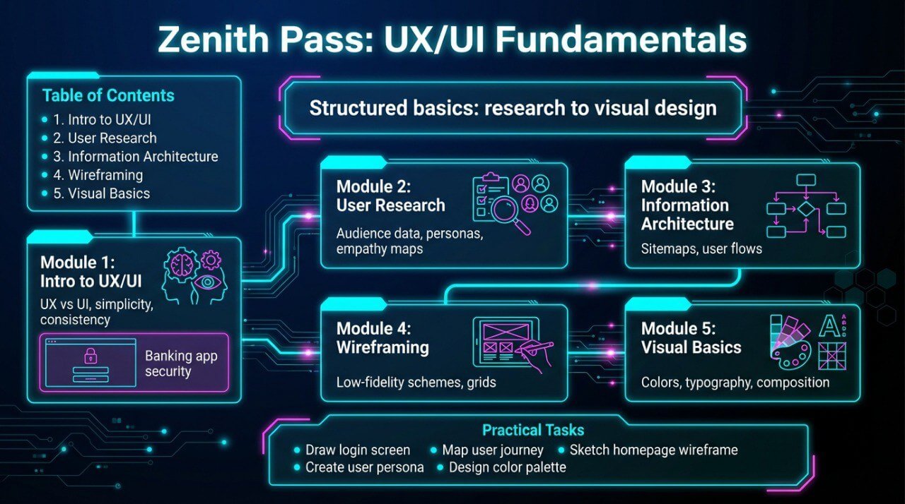 Course outline for 'Zenith Pass: UX/UI Fundamentals' with modules and topics displayed on a dark background.